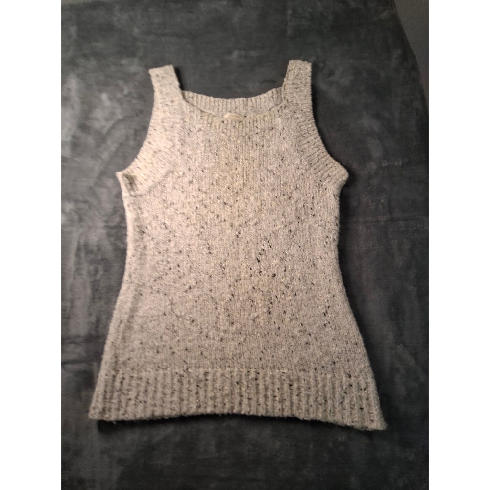 Chicos Womens Marled Knit Sweater Tank Top Cream Black Metallic Gold Size 0 XS S